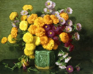 Ringblommor och asters i en kinesisk vas