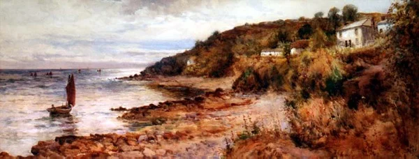 Fiskebåtar och stugor vid Cemaes Bay