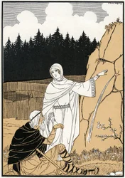 La legende de Sainte Odile (Odile de Hohenbourg, ca 662- ca 720) drar ut en fjäder ur berget - Illustration av Joseph Kuhn Regnier (Kuhn-Regnier) (1873-1940) för "Legendes et contes d