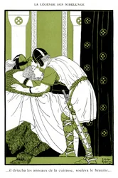 Legend of Nibelunge: Siegfried omfamnar Walkyrie Brunnhilde (kromolitografi)