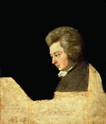 Porträtt av Wolfgang Amadeus Mozart (1756-91) vid pianot, 1789