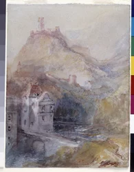Cochem On The Mosel (akvarell och gouache på blått papper)