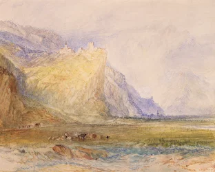 Domleschg-dalen, med utsikt mot sydost, mot Schloss Ortenstein, ca 1853 (akvarell på papper)