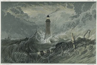Eddystone-fyren, byggd på Eddystone Rock av den engelske civilingenjören John Smeaton 1757-1759. Kromolitografi efter målning av JMW Turner