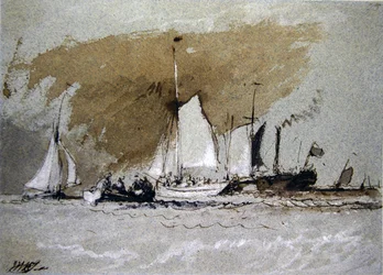 Fiskebåtar till havs, gå ombord på en ångbåt utanför Cowes, Isle of Wight (penna- och bläcktvätt och kroppsfärg på blått papper)