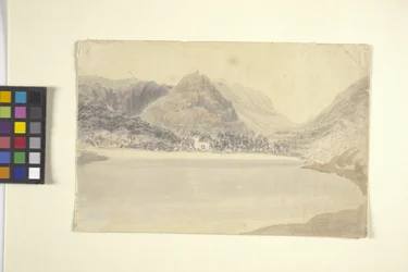 Grassmere Lake And Church (akvarell över penna på benvitt papper)