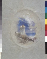Lowestoffe Lighthouse (gouache på blått papper)