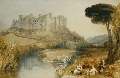 Ludlow Castle (penna och akvarell förhöjda med att skrapa ut och gummi arabicum på papper)