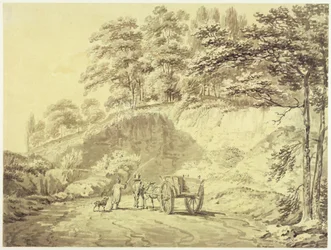 Man med häst och vagn som går in i ett stenbrott, ca 1797 (grafit och grå tvätt på papper)