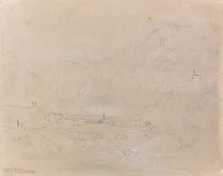 Bergigt landskap med stad i dalen, ca 1840 (grafit & grått på papper)