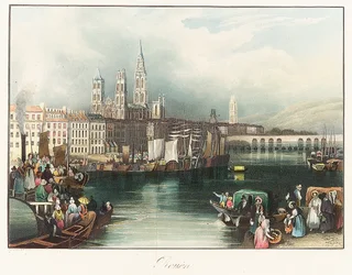 Rouen (Frankrike). Litografi (33x46,9 cm) av Joseph Mallord William Turner (1775-1851)