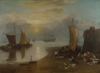 Soluppgång i dimman. Fiskare rensar och säljer fisk. Före 1807