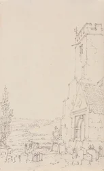 Södra portiken och tornet i en oidentifierad kyrka, ca 1790-95 (blyertspenna på papper)