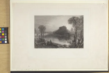 Tamworth Castle, Staffordshire (etsning och gravering på Indien papper, Chine Collé)