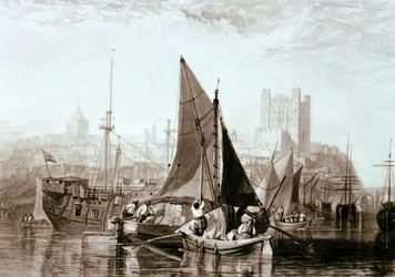 Pråm från Themsen med hö, en fängelsekista och annat gods vid Rochester på floden Medway