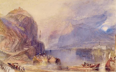 The Drachenfels, Tyskland, ca 1823-24 (akvarell & kroppsfärg med utskrapa över penna på papper)