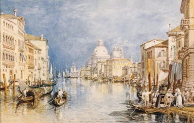 Canal Grande, Venedig, med gondoler och figurer i förgrunden, ca 1818