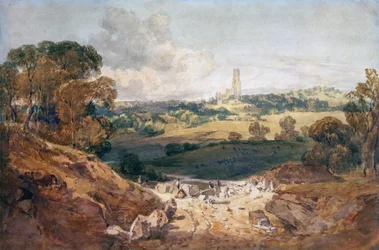 Utsikt över Fonthill från ett stenbrott, ca 1799 (penna & bläck och akvarell på papper)