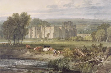 Utsikt över Hampton Court, Herefordshire, från sydost, ca 1806 (akvarell över grafit på vävt papper)
