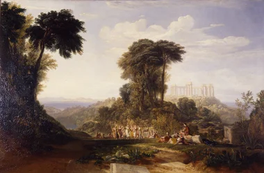 Utsikt över Jupiter Panhellenius tempel på ön Aegina med den grekiska nationaldansen Romaika: Atens Akropolis i fjärran