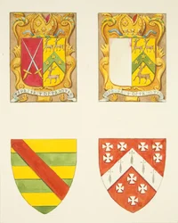 Fyra vapensköldar - två i ett fönster nära klockstapeln, Bristol Cathedral (akvarell på papper)