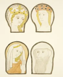 Fyra huvuden i målade glasfönster söder om koret i Bristol Cathedral (akvarell på papper)