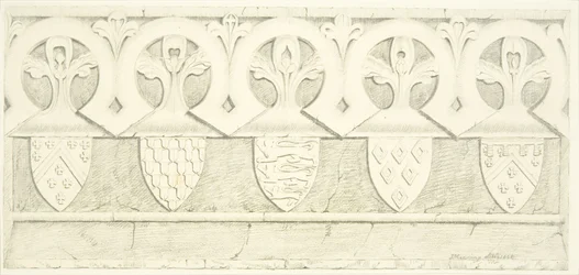 Gotisk fris och vapensköldar i salongen i Bristol Cathedral (penna och akvarell på papper)