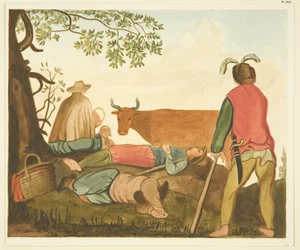 Guy, Earl of Warwick, and the Dun Cow, kopior från original oljemålning (akvarell på papper)
