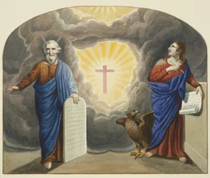 Målat fönster över Christ Church altare, som visar Moses och Johannes evangelisten (akvarell på papper)