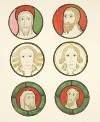 Sex huvuden i målade glasfönster norr och söder om koret i Bristol Cathedral (akvarell på papper)