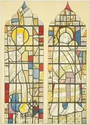 Målat glas i södra fönstrets södra tvärskepp av St Mary Redcliffe (akvarell på papper)