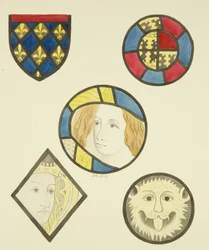 Målat glas i olika fönster av St Mary Redcliffe (akvarell på papper)
