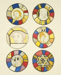 Målat glas i västra fönstret, norra korsarm av St Mary Redcliffe (akvarell på papper)