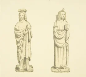 Två figurer i nischer av Tower of St Mary Redcliffe (akvarell på papper)