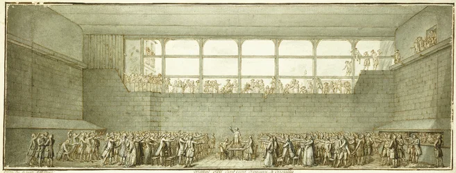 The Tennis Court Oath, c.1789 (svart krita, penna och brunt bläck med grå tvätt)