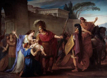 Hektor och Andromake tar farväl. Hektor ger sig av till det trojanska kriget och lämnar sin hustru och son Astyanax. Målning av Joseph Marie Vien (1716-1809), 1786. Sol. 3,29 x 4,25 m