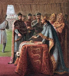 Kung John av England undertecknar Magna Carta från: Pictures of English History, 1868