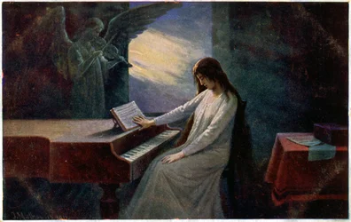 Musik. Sista ackordet. Döende dam vid pianot. Illustration av Josef Mathauser, Tjeckien, ca 1910 (vykort)