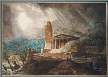 En Capriccio av en romersk hamn under en storm