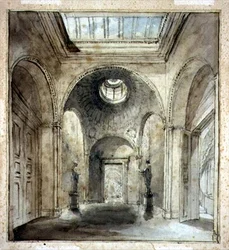 Förrummet till Sir Francis Chantreys skulpturgalleri på Belgrave Place 30, designat av Sir John Soane (1753-1837) (akvarell och blyertspenna på papper)