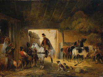 En ryttare som vattnar sin häst i ett stall, 1840