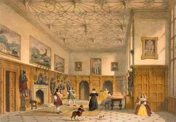 Fladdermusspel i Grand Hall, Parham Park, Sussex, omkring 1600 från "Architecture of the Middle Ages", publicerad 1838.