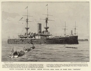 Brittiska Bluejackets till undsättning, kretensiska flyktingar tas ombord på HMS Barfleur