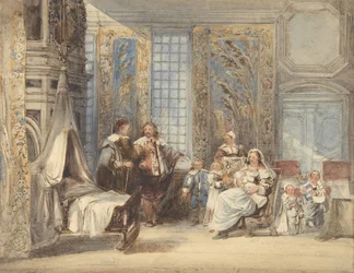 Scen med familj och gäst i 1600-talets interiör, 1825-78.