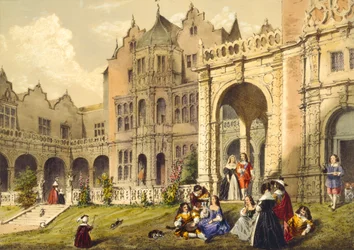 Tar förfriskningar på terrassens gräsmatta, Holland House, Kensington från "Architecture in the Middle Ages", 1838
