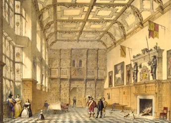 Great Hall, Hatfield, Berkshire, 1600, illustration från "Architecture of the Middle Ages", 1838.