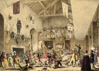 Twelfth Night Revels in the Great Hall, Haddon Hall, Derbyshire, från "Architecture of the Middle Ages", 1838
