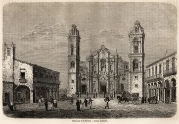 Katedralen i Havanna, Kuba, teckning av Navlet för att illustrera resan till ön Kuba, 1859, av Richard Dana (1815-1882). Gravyr i "" Le tour du monde, nouveau journal des voyages"" Paris