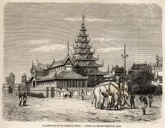 Palatset av kungen av Ava, i Amarapoura (nuvarande Burma), teckning av Navlet för att illustrera resan till kungariket Ava, 1855, av kapten Henri Yule av den bengaliska andens kropp. Gravyr i "" Le tour du monde, nouveau journal des voya
