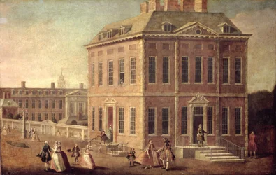 Utsikt över Ranelagh House and Gardens och Chelsea Hospital, med figurer som går i förgrunden